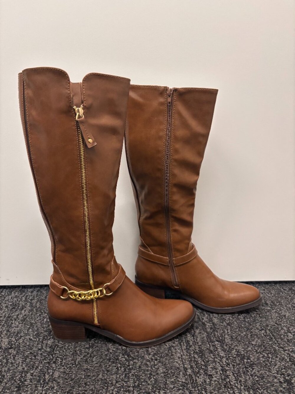 Steve Madden tan block heel riding boots with gold detailing